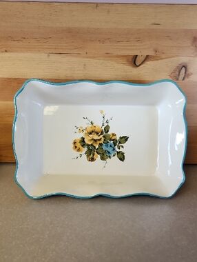 The Pioneer Woman, Floral Ceramic Casserole  Dish with Teal Rim.